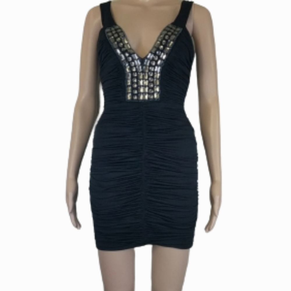 Bebe Sexy Mini Black Ruched Lian Dress XS